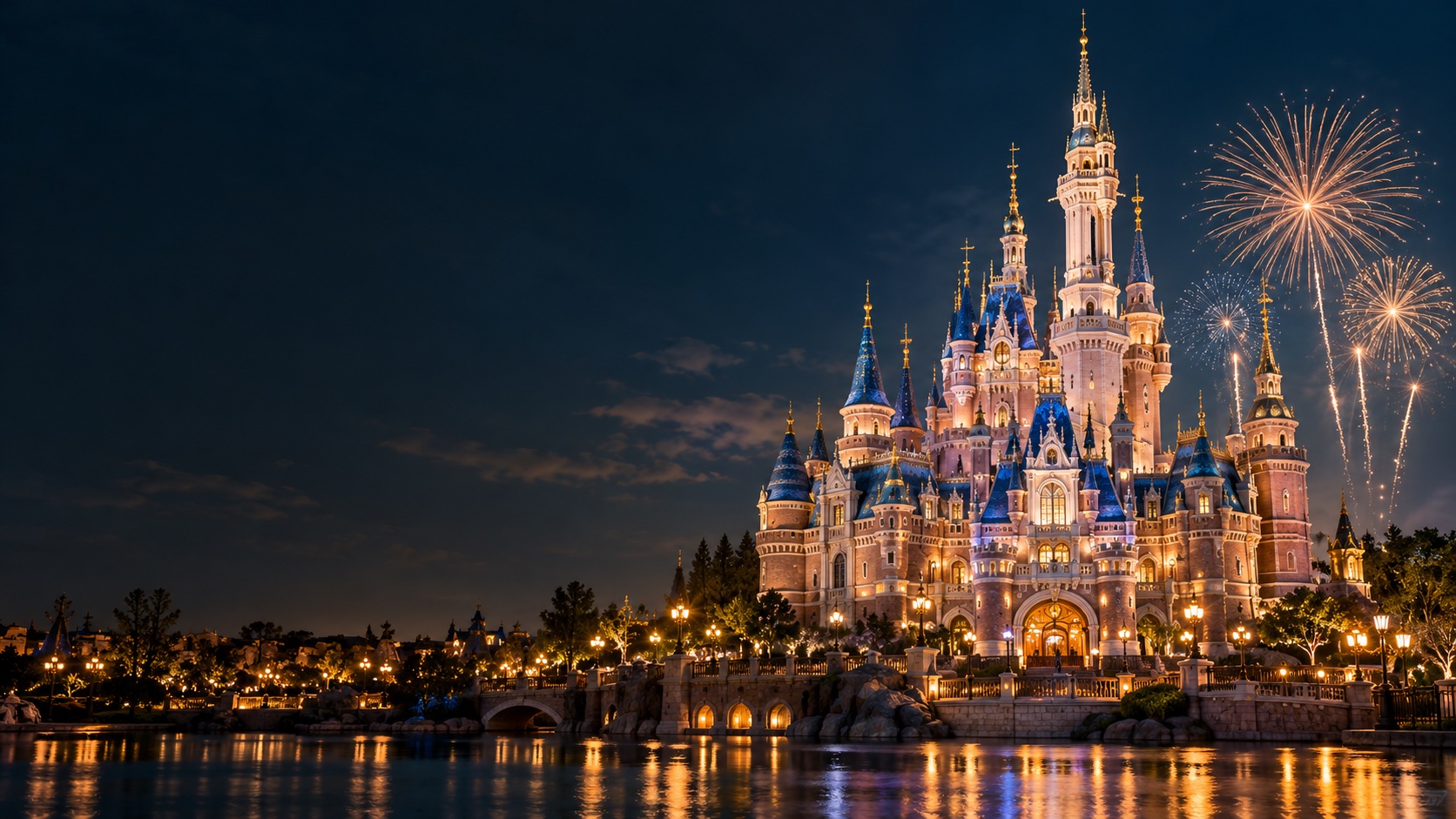 Illustrative nighttime fairytale castle with fireworks