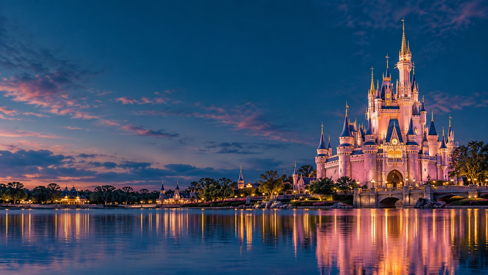 Illustrative pink and gold fairytale castle reflected in a lake at dusk